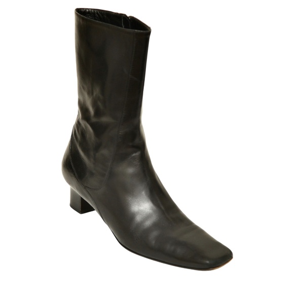 COLE HAAN Black Boots Leather Boot Mid Calf Zipper Square Toe Sz 9B - Picture 1 of 12